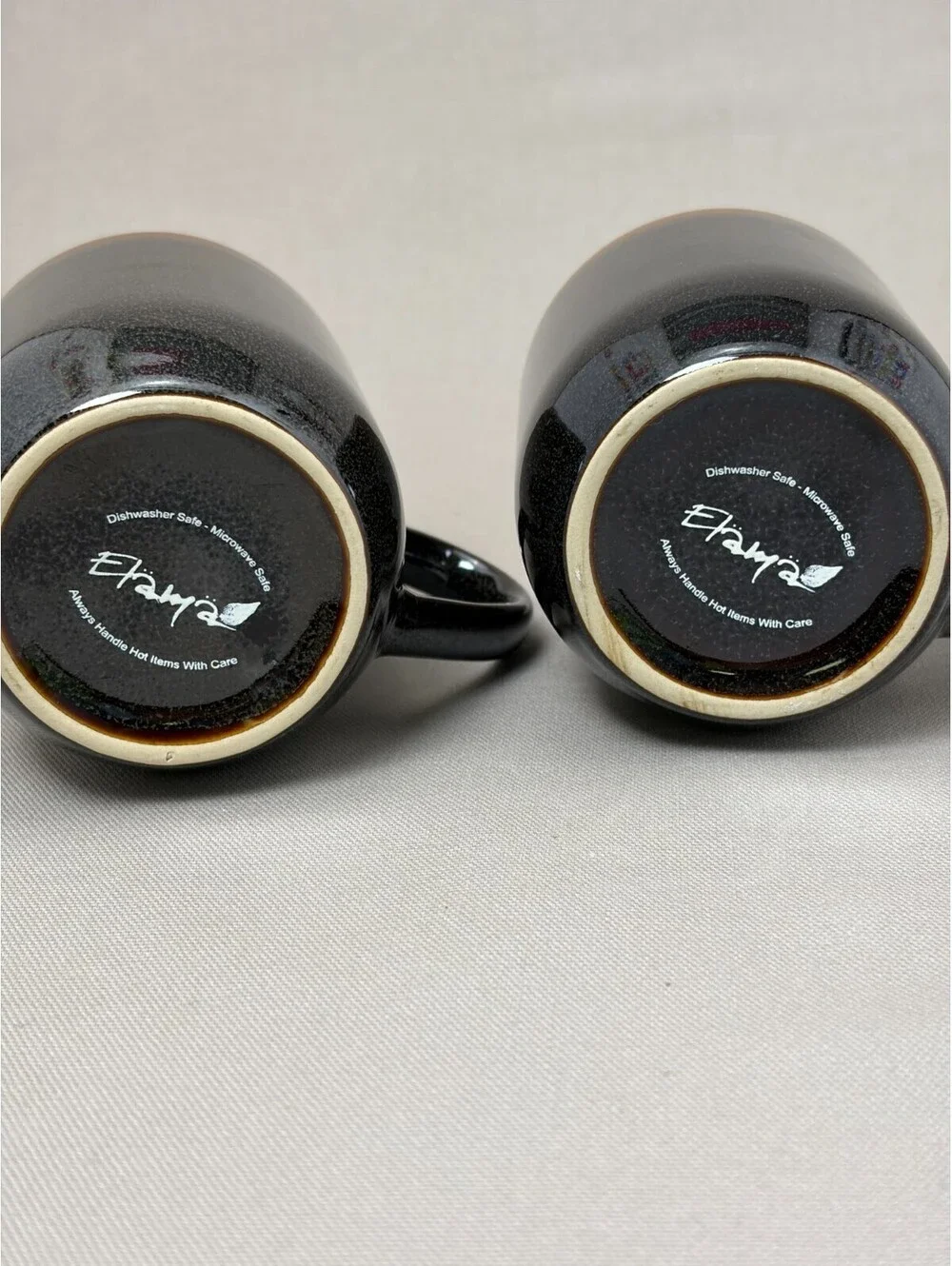Elama Coffee Mugs Set of 2 Black Brown Rim Two Tone Stoneware Tea Cups 12 oz